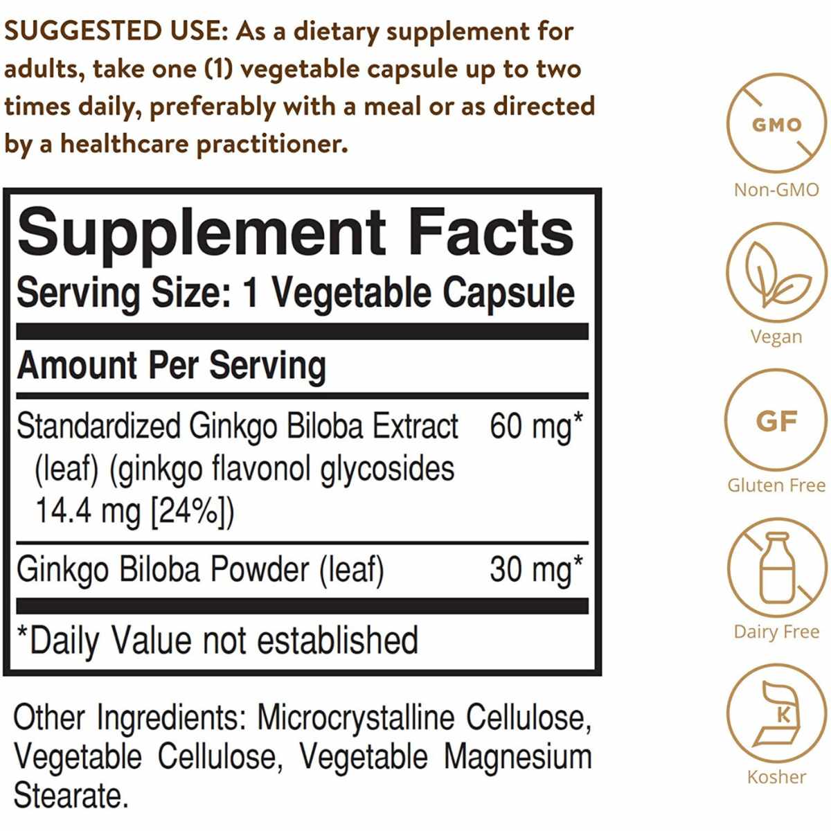 Solgar Ginkgo Biloba - 120  Cápsulas Vegetales - Tabla Nutricional - Haz Tu Pedido