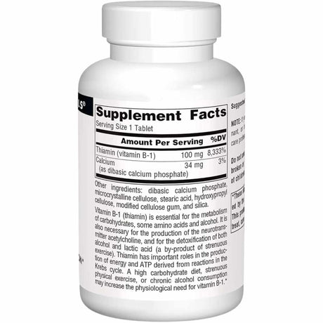 Source Naturals  Vitamina B-1 Tiamina 100 mg - 250  Tabletas - Tabla Nutricional - Haz Tu Pedido
