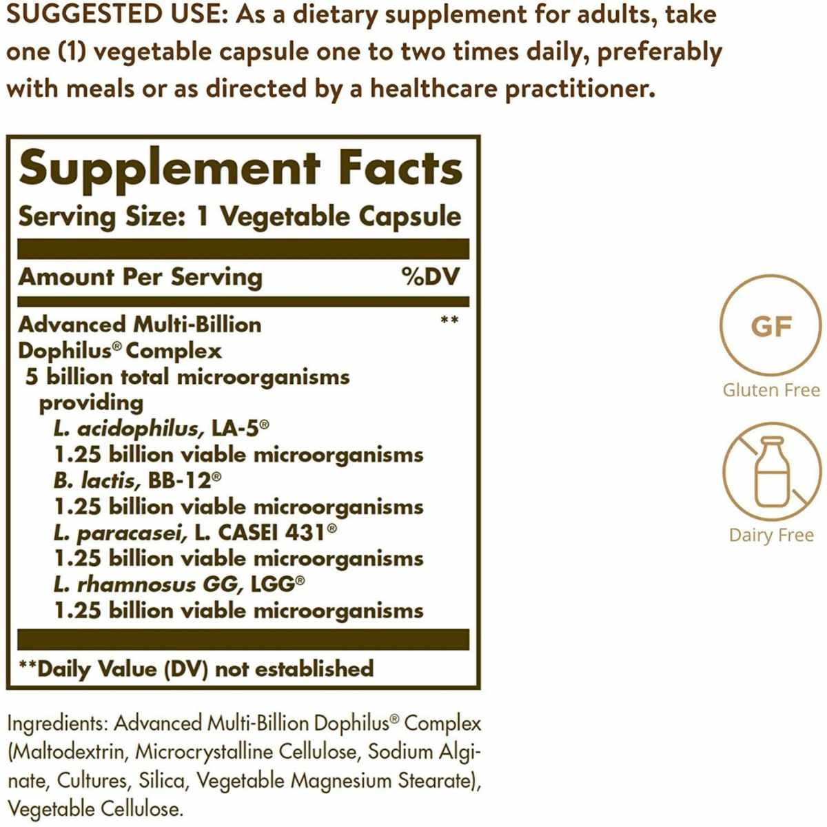 Solgar Probiotico Multi-Billones  5 Mil Millones - 60 Cápsulas Vegetales - Tabla Nutricional - Haz Tu Pedido