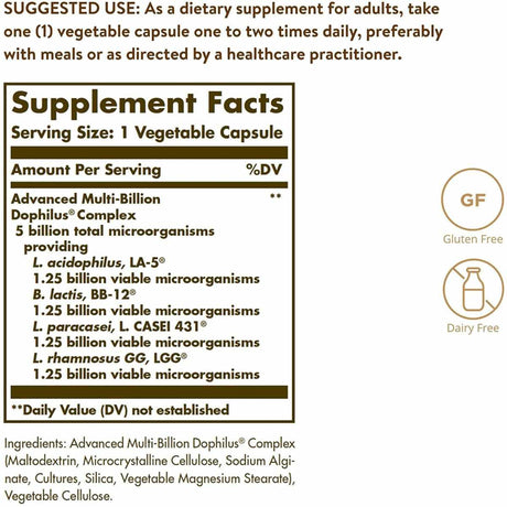 Solgar Probiotico Multi-Billones  5 Mil Millones - 60 Cápsulas Vegetales - Tabla Nutricional - Haz Tu Pedido