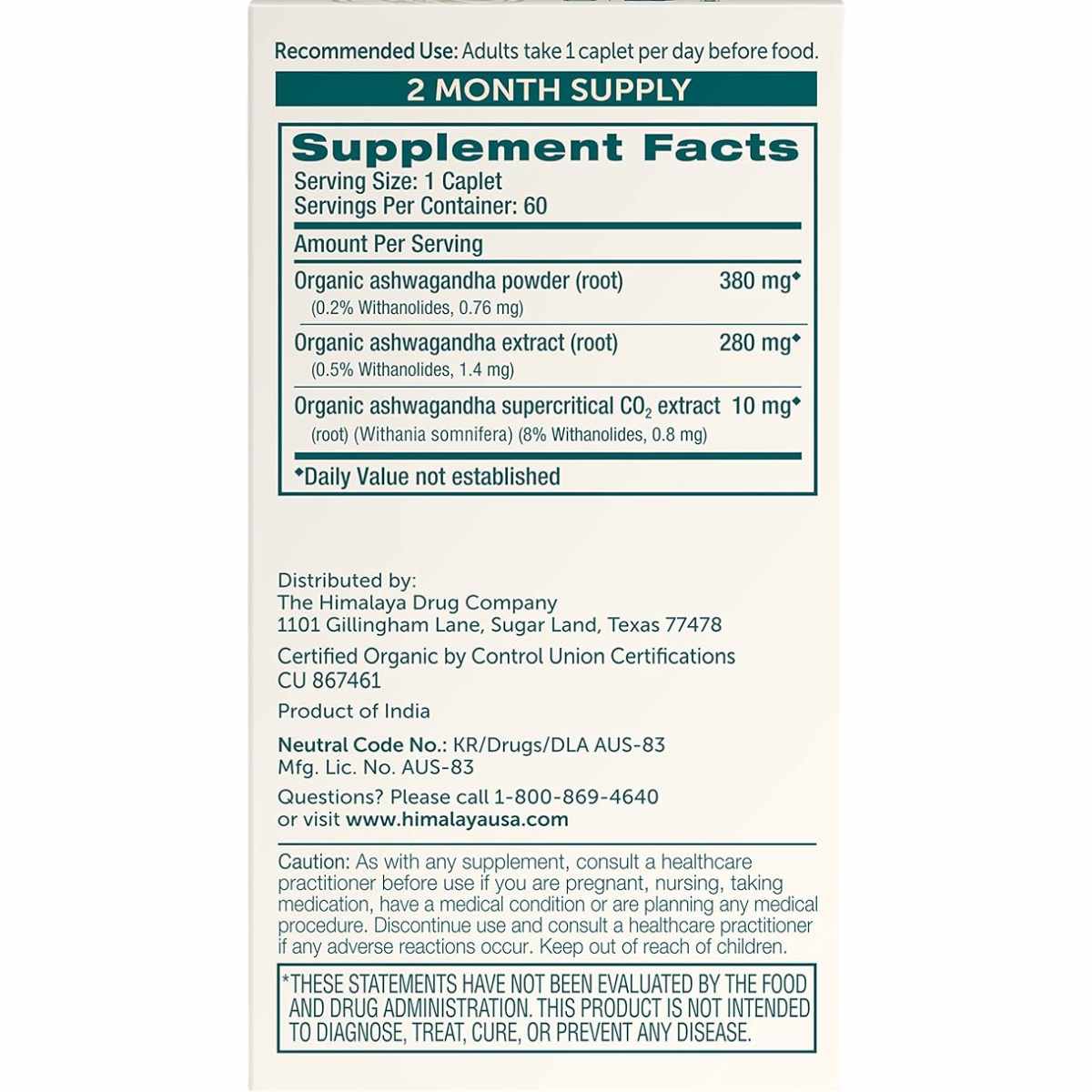 Himalaya - Ashwagandha Orgánica (670 mg - 60 Caplets)
