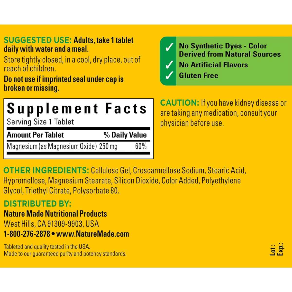 Nature Made Magnesio 250 mg - 200 Tabletas - Tabla Nutricional - Haz Tu Pedido