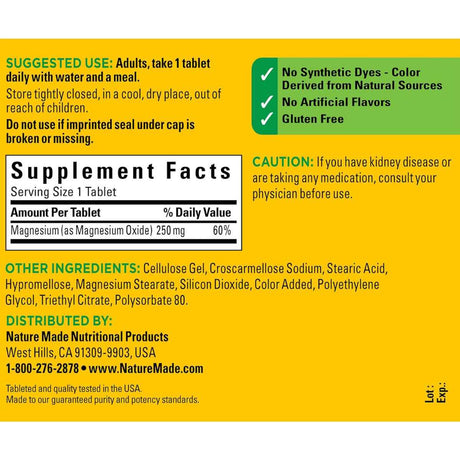 Nature Made Magnesio 250 mg - 200 Tabletas - Tabla Nutricional - Haz Tu Pedido