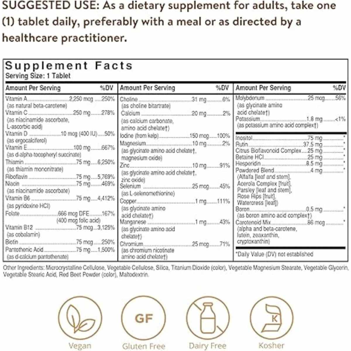 Solgar  Fórmula VM-75® Multivitamínico  - 180  Tabletas - Tabla Nutricional - Haz Tu Pedido