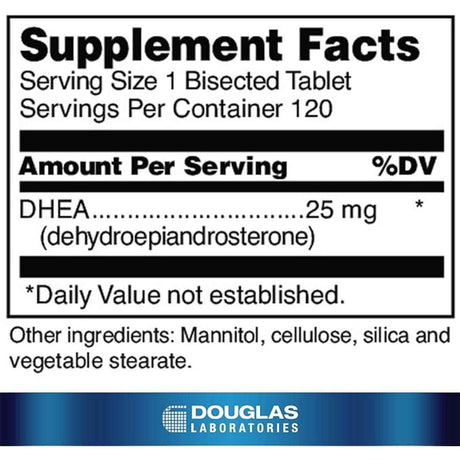 Douglas Laboratories DHEA 25 mg - 120 Tabletas de disolución rápida - Tabla Nutricional - Haz Tu Pedido