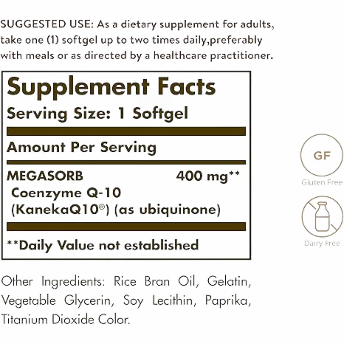 Solgar CoQ-10 400 mg - 30  Cápsulas Blandas - Tabla Nutricional - Haz Tu Pedido