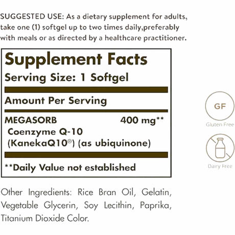 Solgar CoQ-10 400 mg - 30  Cápsulas Blandas - Tabla Nutricional - Haz Tu Pedido