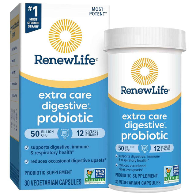 Renew Life Extra Care Digestive Probiotico 50 Mil Millones CFU - 30 Cápsulas Vegetarianas - Haz Tu Pedido