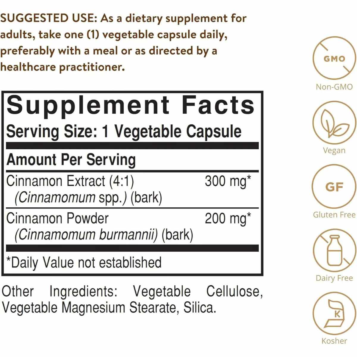 Solgar Canela  - 100 Cápsulas Vegetales - Tabla Nutricional - Haz Tu Pedido