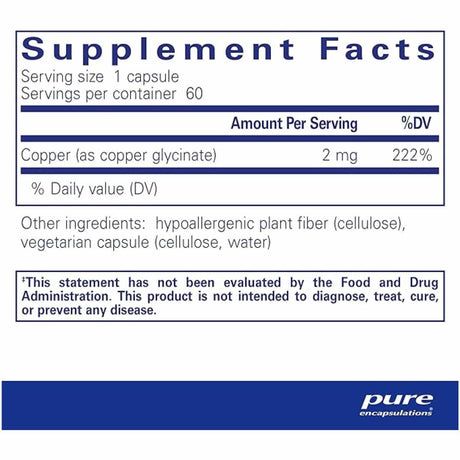 Pure Encapsulations Glicinato de Cobre 2 mg - 60 Cápsulas - Tabla Nutricional - Haz Tu Pedido