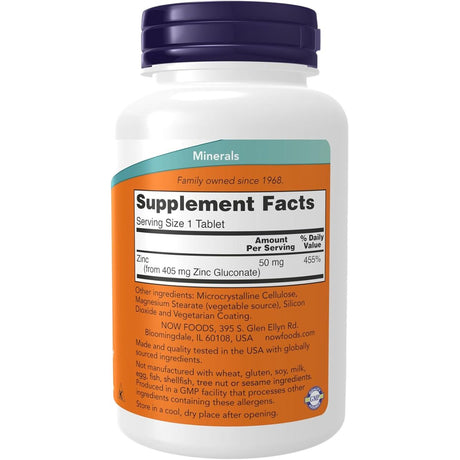 NOW Foods Zinc  50 mg - 250 Tabletas - Tabla Nutricional - Haz Tu Pedido