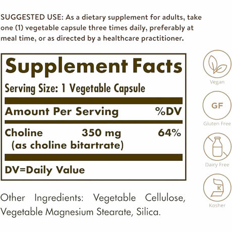 Solgar Colina  350 mg - 100  Cápsulas Vegetales - Tabla Nutricional - Haz Tu Pedido