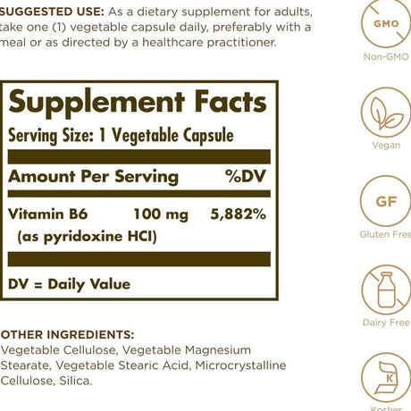 Solgar Vitamina B6 - 100 mg - 100 Cápsulas Vegetales - 100 Porciones
Haz Tu Pedido