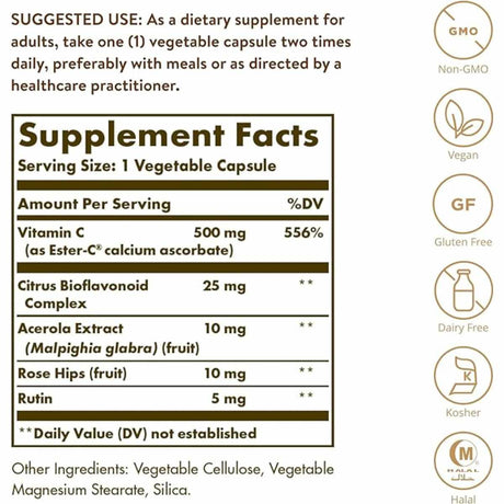 Solgar Ester-C® Plus 500 mg Vitamina C - 50 Cápsulas Vegetales - Tabla Nutricional - Haz Tu Pedido
