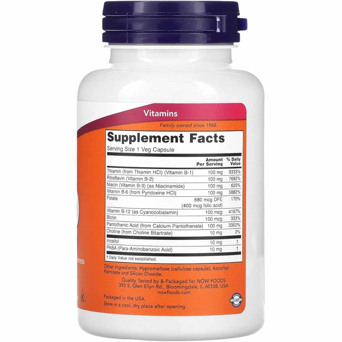 NOW Foods Vitamina B-100 - 100 Cápsulas Veganas - Tabla Nutricional - Haz Tu Pedido