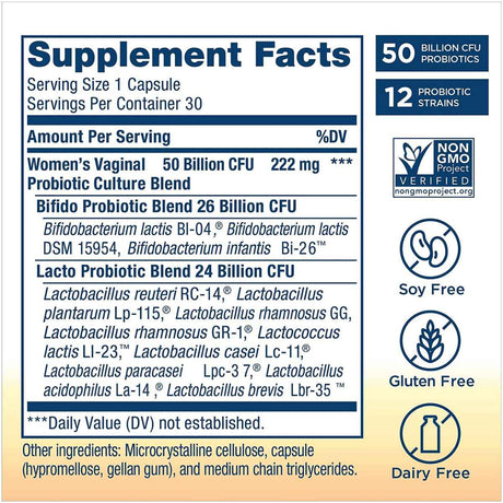 Renew Life Probiotico para Cuidado Digestivo Mujeres 50 Mil Millones CFU - 30 Cápsulas Vegetarianas - Tabla Nutricional - Haz Tu Pedido
