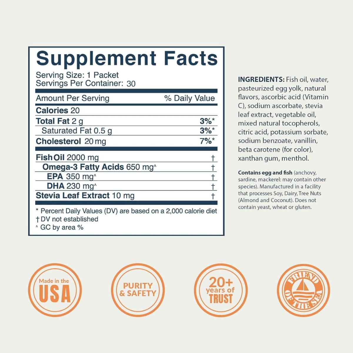 Coromega Omega-3 650 mg - Sabor Naranja - 30 Paquetes - Tabla Nutricional - Haz Tu Pedido