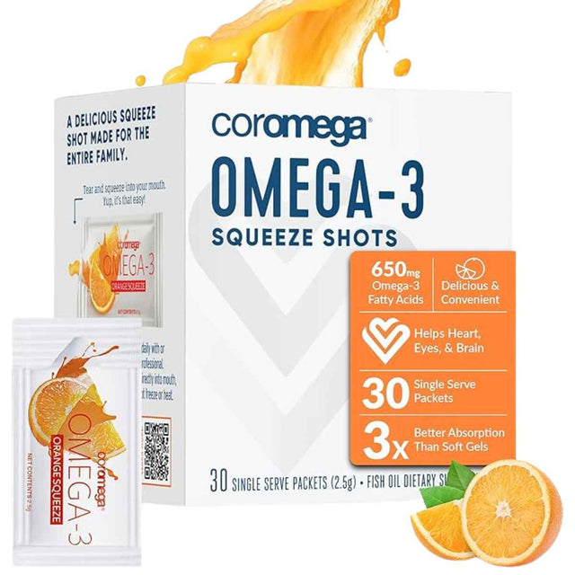 Coromega Omega-3 650 mg - Sabor Naranja - 30 Paquetes - Haz Tu Pedido