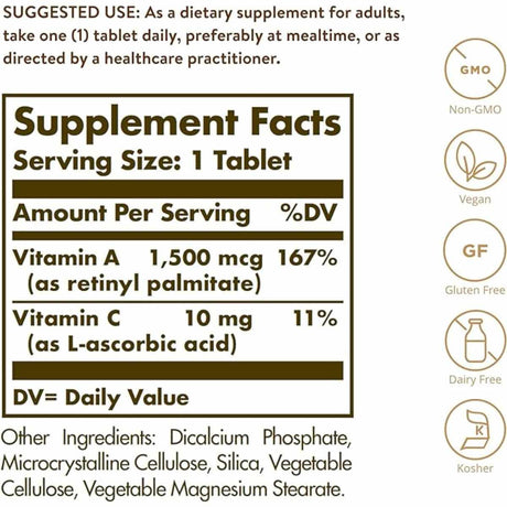 Solgar Vitamina A 1500 mcg - 100  Tabletas - Tabla Nutricional - Haz Tu Pedido