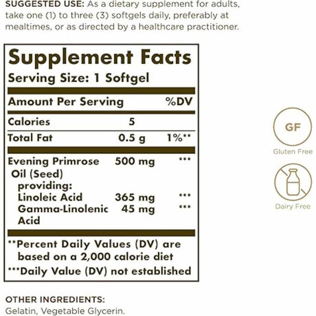 Solgar Aceite De Onagra 500 mg - 90 Cápsulas Blandas - Tabla Nutricional - Haz Tu Pedido