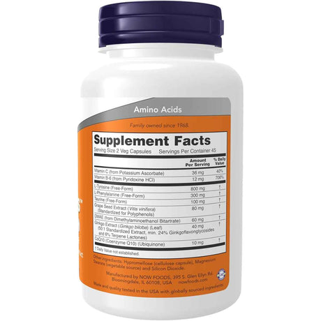 NOW Foods Apoyo a los Neurotransmisores - 90 Cápsulas Veganas - Tabla Nutricional - Haz Tu Pedido