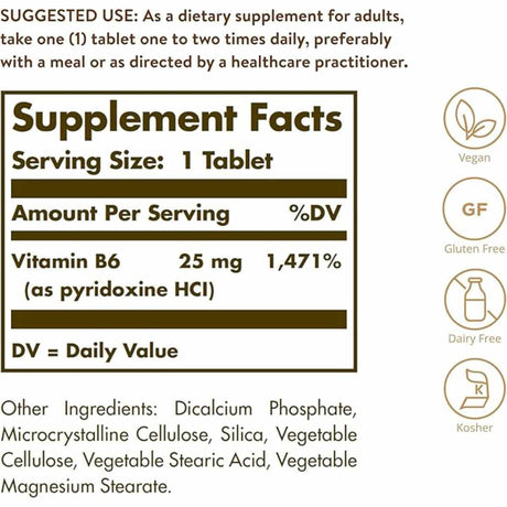 Solgar Vitamina B6  25 mg - 100 Tabletas - Tabla Nutricional - Haz Tu Pedido