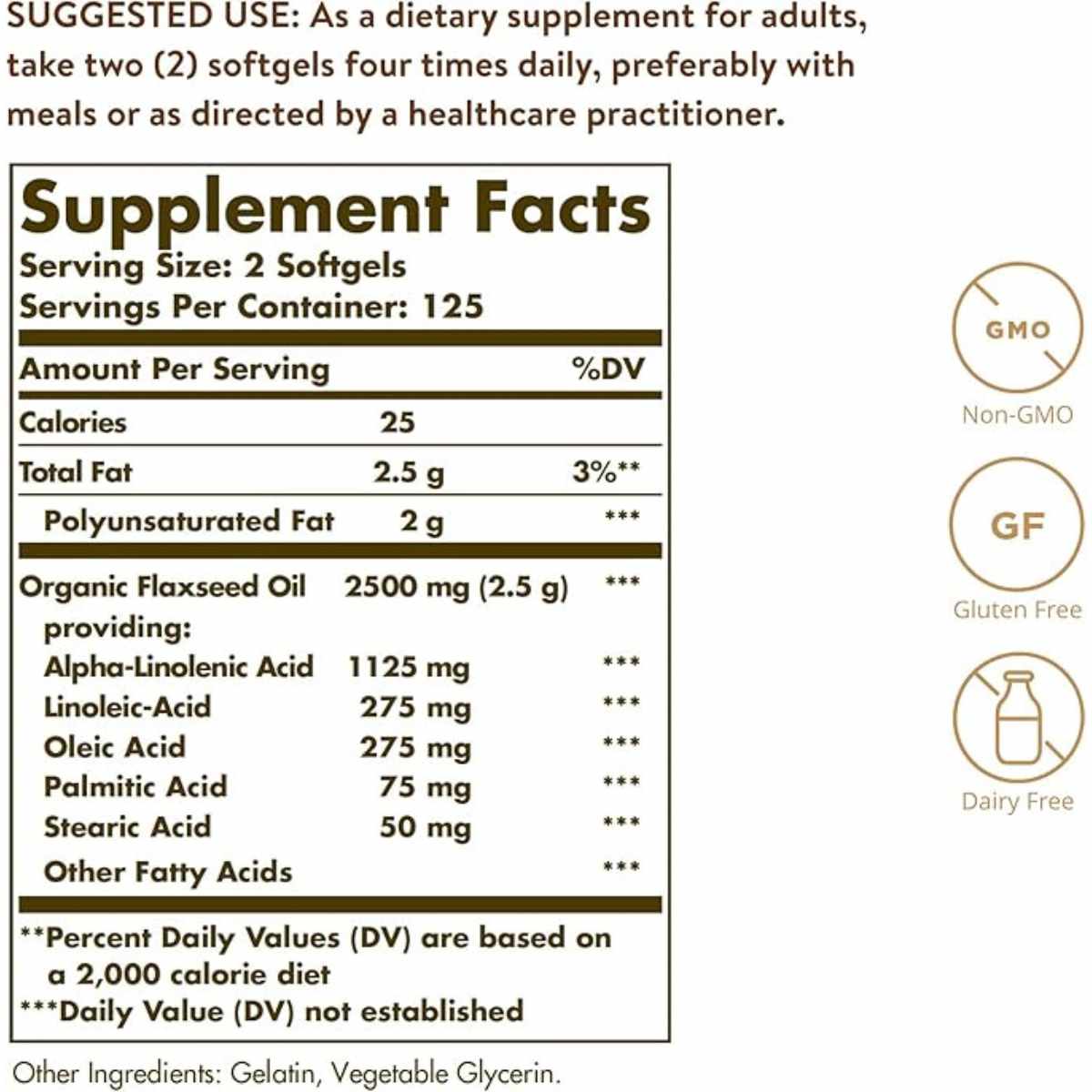 Solgar Aceite de Linaza 1250 mg - 250 Cápsulas Blandas - Tabla Nutricional - Haz Tu Pedido