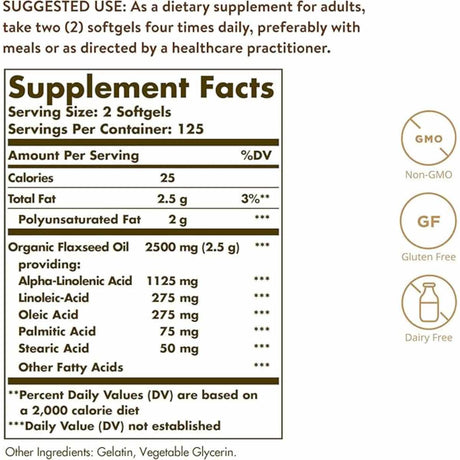 Solgar Aceite de Linaza 1250 mg - 250 Cápsulas Blandas - Tabla Nutricional - Haz Tu Pedido