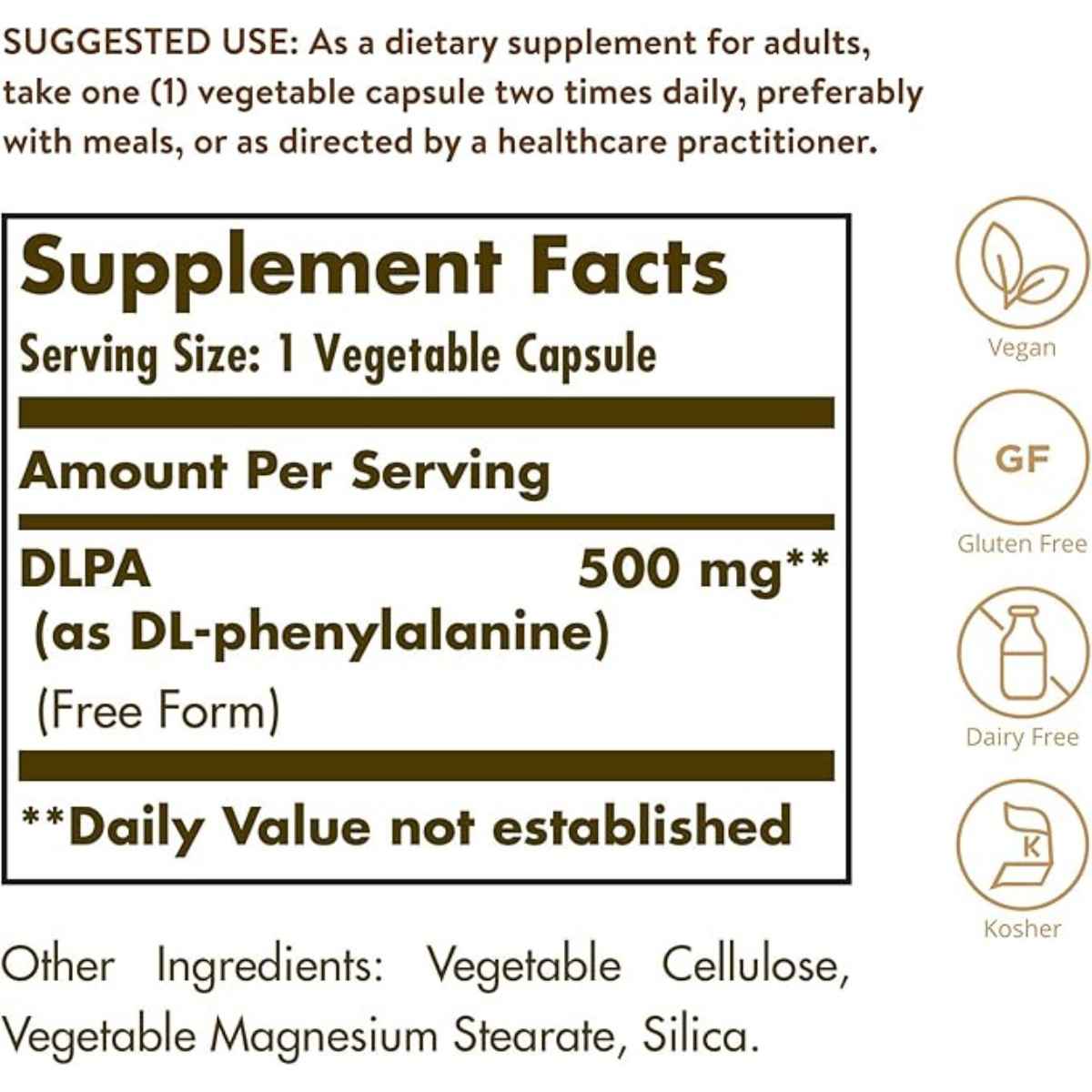 Solgar DLPA  500 mg - 100  Cápsulas Vegetales - Tabla Nutricional - Haz Tu Pedido