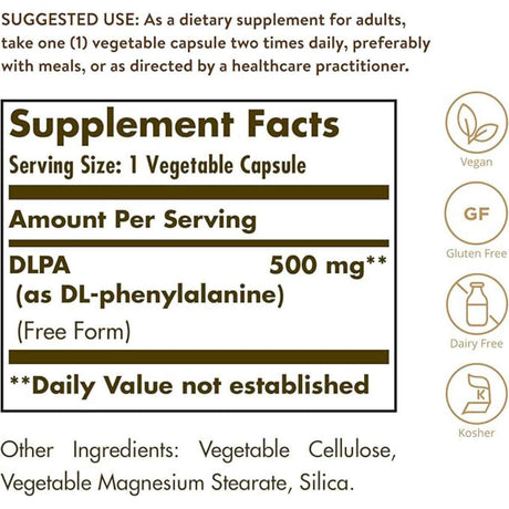Solgar DLPA  500 mg - 100  Cápsulas Vegetales - Tabla Nutricional - Haz Tu Pedido