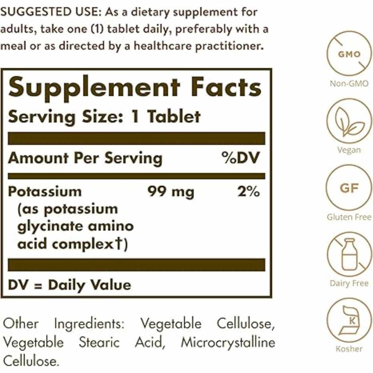 Solgar  Complejo de Potasio con Aminoácidos - 100 Tabletas - Tabla Nutricional - Haz Tu Pedido
