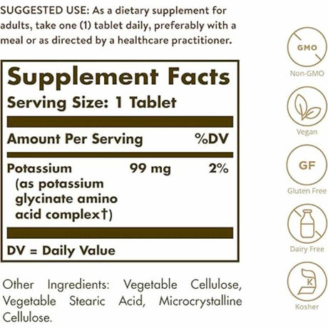 Solgar  Complejo de Potasio con Aminoácidos - 100 Tabletas - Tabla Nutricional - Haz Tu Pedido
