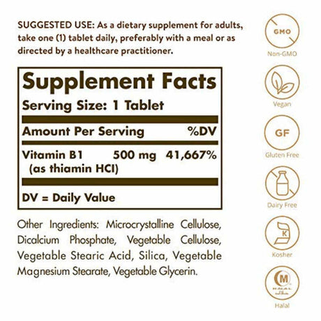 Solgar Vitamina B1 (Tiamina) 500 mg - 100 Tabletas - Tabla Nutricional - Haz Tu Pedido