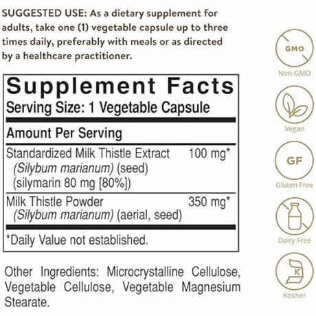 Solgar Cardo Mariano - 100  Cápsulas Vegetales - Tabla Nutricional - Haz Tu Pedido