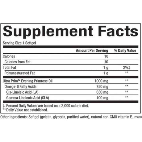 Natural Factors Aceite De Onagra Ultra Prim™  1000 mg - 240 Cápsulas Blandas - Tabla Nutricional - Haz Tu Pedido