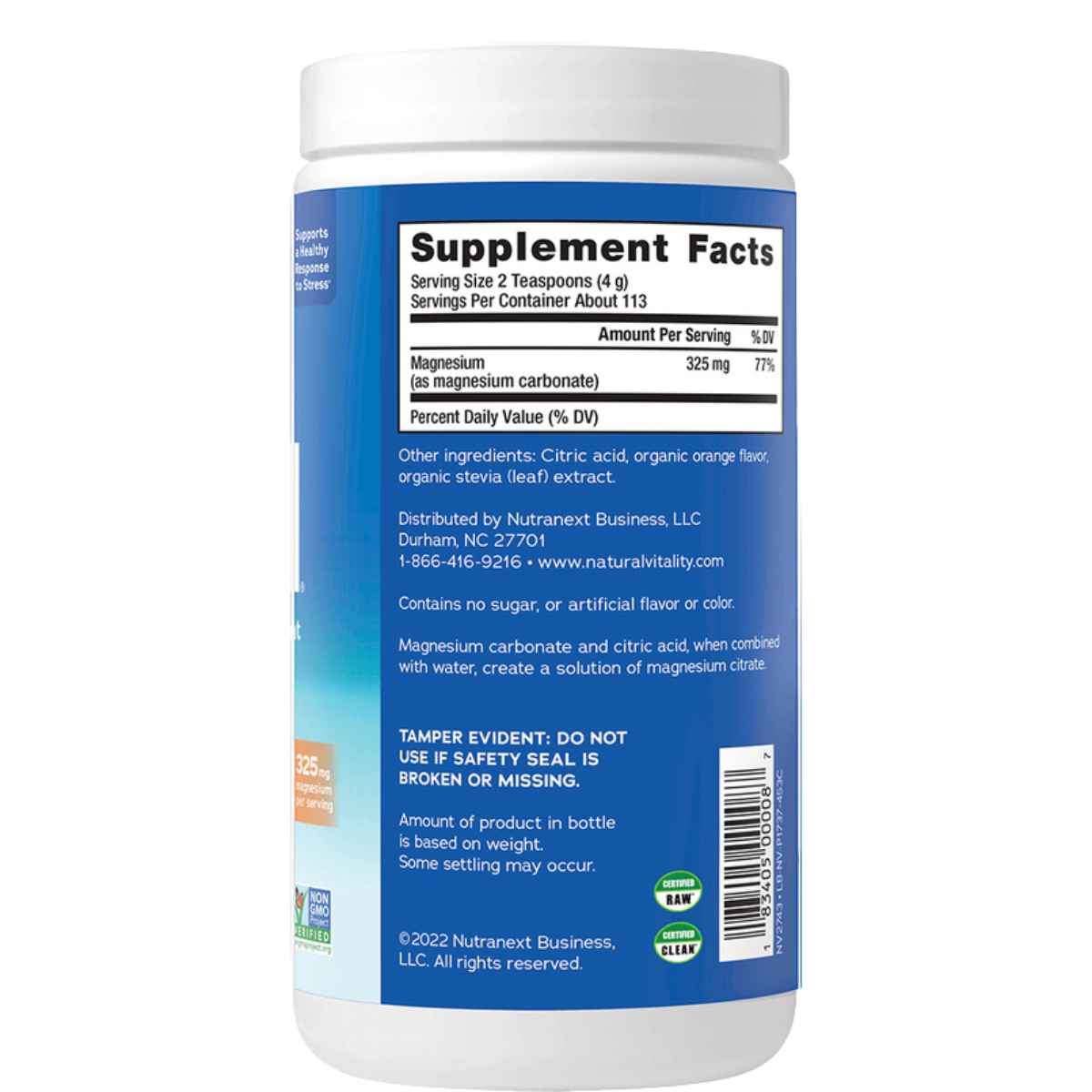 Natural Vitality Calm Magnesium 325 mg - Sabor Naranja - 453 g - Tabla Nutricional - Haz Tu Pedido