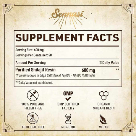 Sennasi Resina de Shilajit 600 mg - 30 g - Tabla Nutricional - Haz Tu Pedido