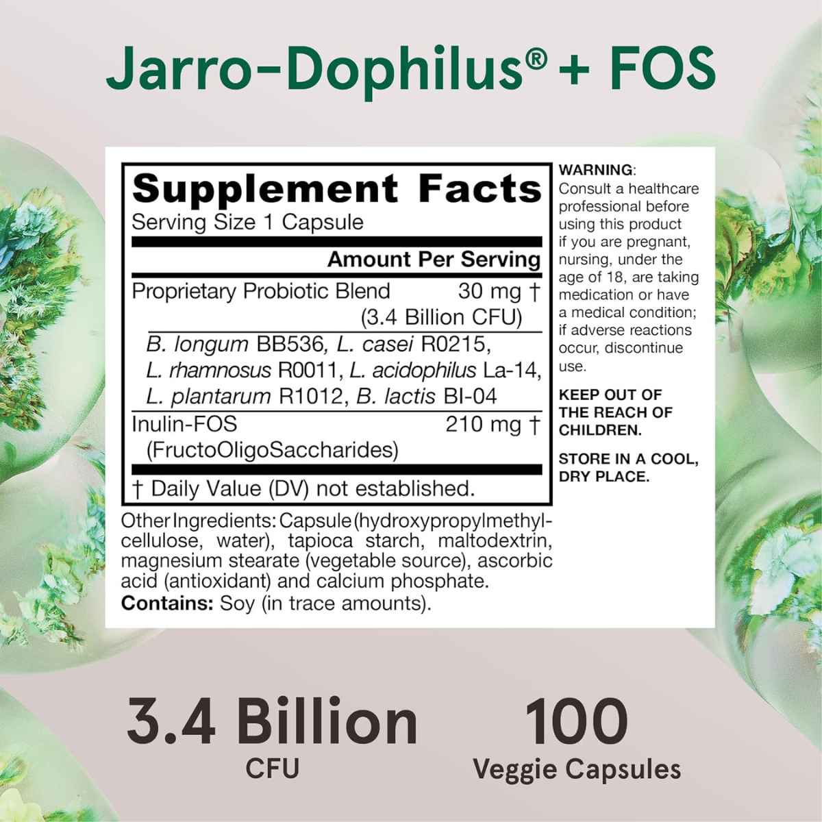 Jarrow Formulas Jarro-Dophilus® Probiótico más Prebiótico 3,4 Mil Millones CFU - 100 Cápsulas Vegetales - Tabla Nutricional - Haz Tu Pedido