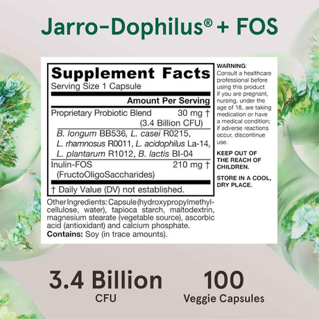 Jarrow Formulas Jarro-Dophilus® Probiótico más Prebiótico 3,4 Mil Millones CFU - 100 Cápsulas Vegetales - Tabla Nutricional - Haz Tu Pedido