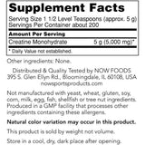 NOW Foods Monohidrato de Creatina - 2,2 g - Tabla Nutricional - Haz Tu Pedido