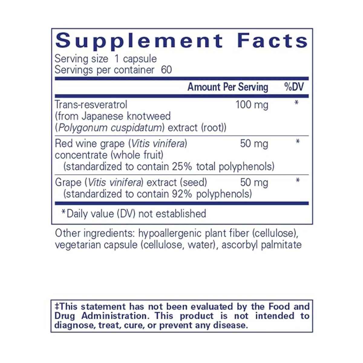 Pure Encapsulations  Resveratrol Extra  - Sabor Uva - 60  Cápsulas - Tabla Nutricional - Haz Tu Pedido