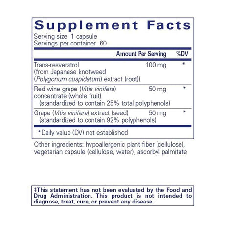 Pure Encapsulations  Resveratrol Extra  - Sabor Uva - 60  Cápsulas - Tabla Nutricional - Haz Tu Pedido
