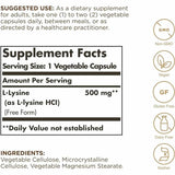 Solgar L-Lisina 500 mg - 100 Cápsulas Vegetales - Tabla Nutricional - Haz Tu Pedido