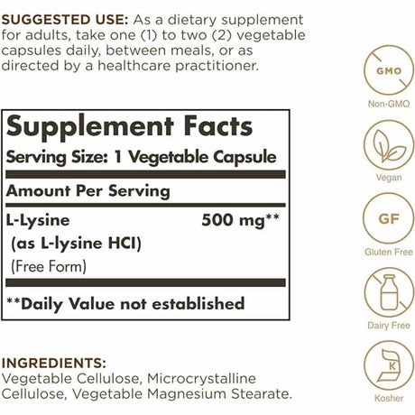 Solgar L-Lisina 500 mg - 100 Cápsulas Vegetales - Tabla Nutricional - Haz Tu Pedido