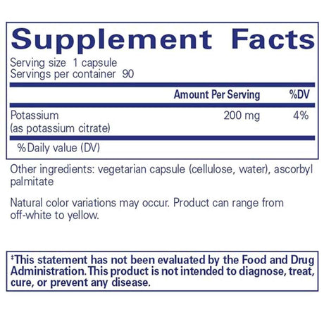 Pure Encapsulations Potasio (Citrato) - 90 Cápsulas - Tabla Nutricional - Haz Tu Pedido