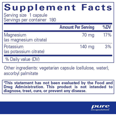 Pure Encapsulations Citrato de Potasio y Magnesio - 180 Cápsulas - Tabla Nutricional - Haz Tu Pedido
