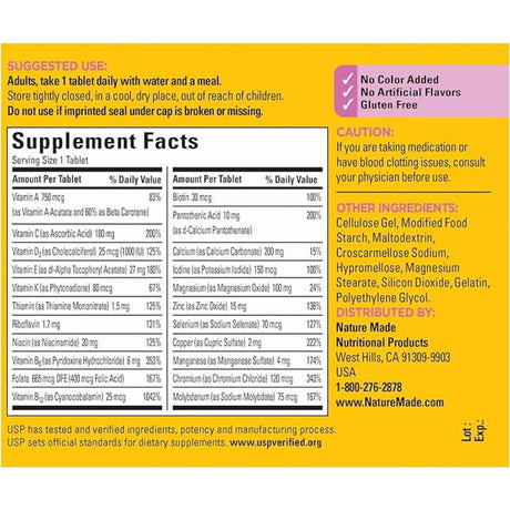 Nature Made Multivitamínico Para Mujeres - 90  Tabletas - Tabla Nutricional - Haz Tu Pedido