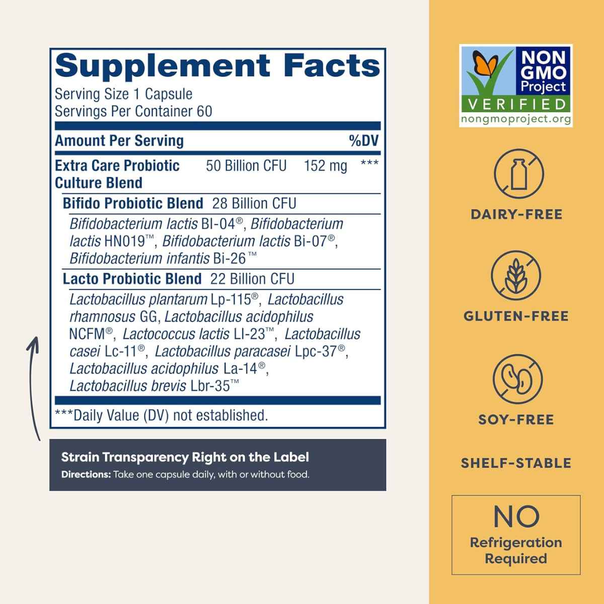 Renew Life Extra Care Digestive Probiotico 50 Mil Millones CFU - 60 Cápsulas Vegetarianas - Tabla Nutricional - Haz Tu Pedido