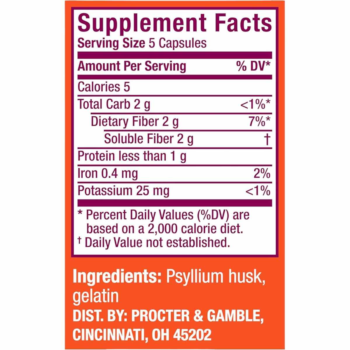 Metamucil Fibra de Psyllium - 300 Cápsulas - Tabla Nutricional - Haz Tu Pedido