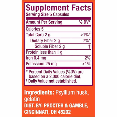 Metamucil Fibra de Psyllium - 300 Cápsulas - Tabla Nutricional - Haz Tu Pedido